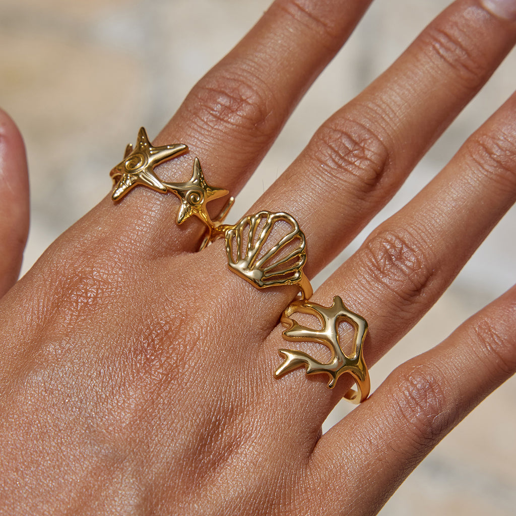 Golden Starfish Open Ring — Set of 3