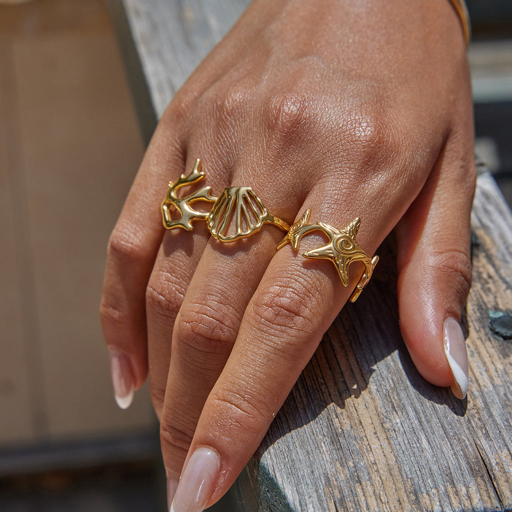 Golden Starfish Open Ring — Set of 3