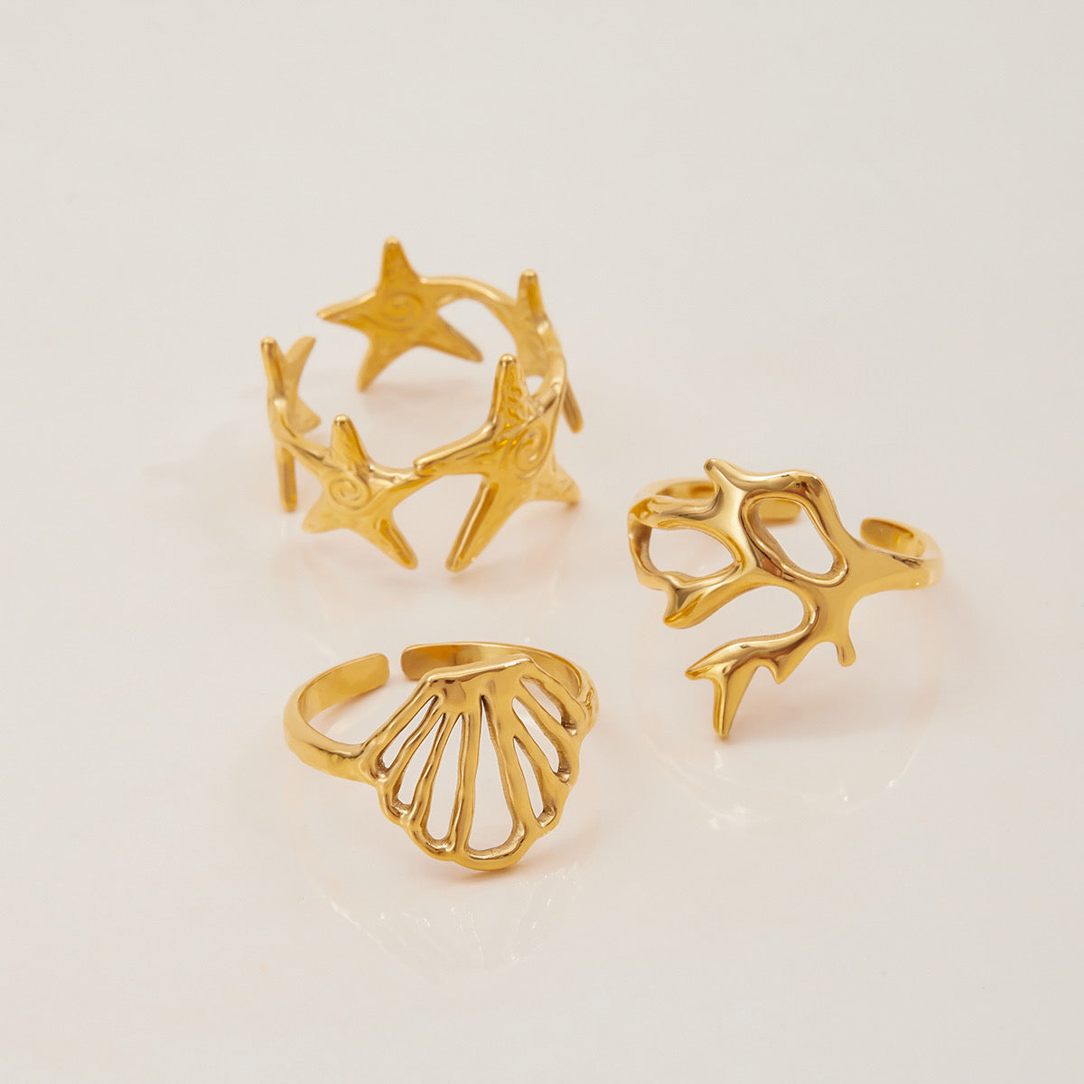 Golden Starfish Open Ring — Set of 3