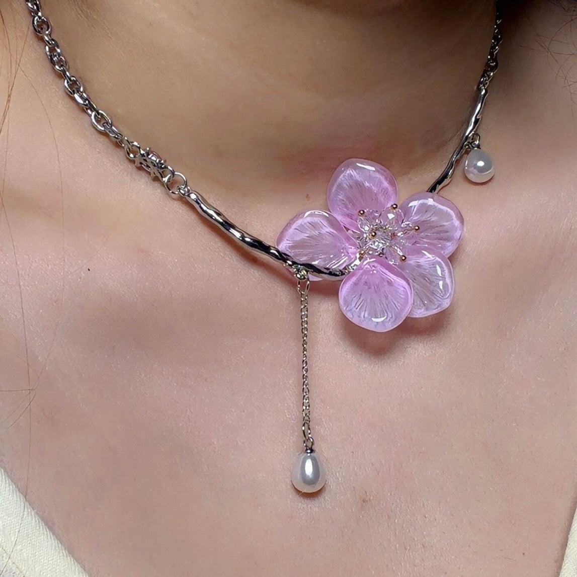 Lavender Bloom Pearl Drop Necklace